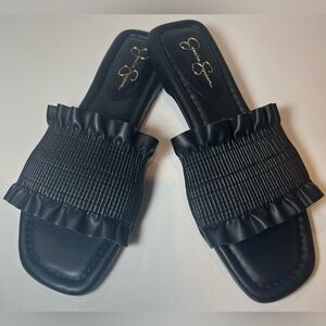 CAMESSA Ruffles Ruffled Jessica Simpson Black Stretchy Sandals Size 6